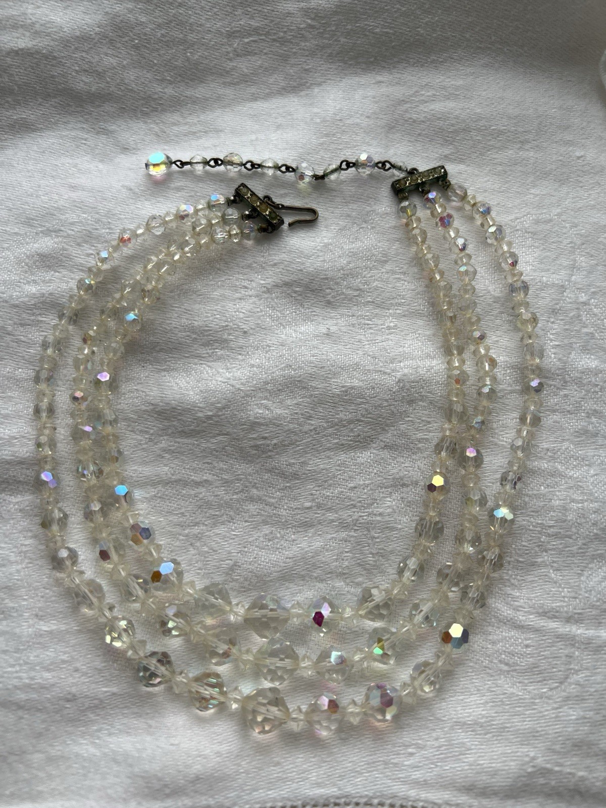 Vintage 3 Strand AB Aurora Borealis Crystal Glass Faceted Bead Necklace Crafts