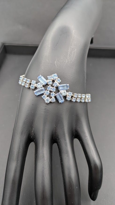 Vintage Rhinestone Bracelet Earrings Set Blue Crystal Silver Tone