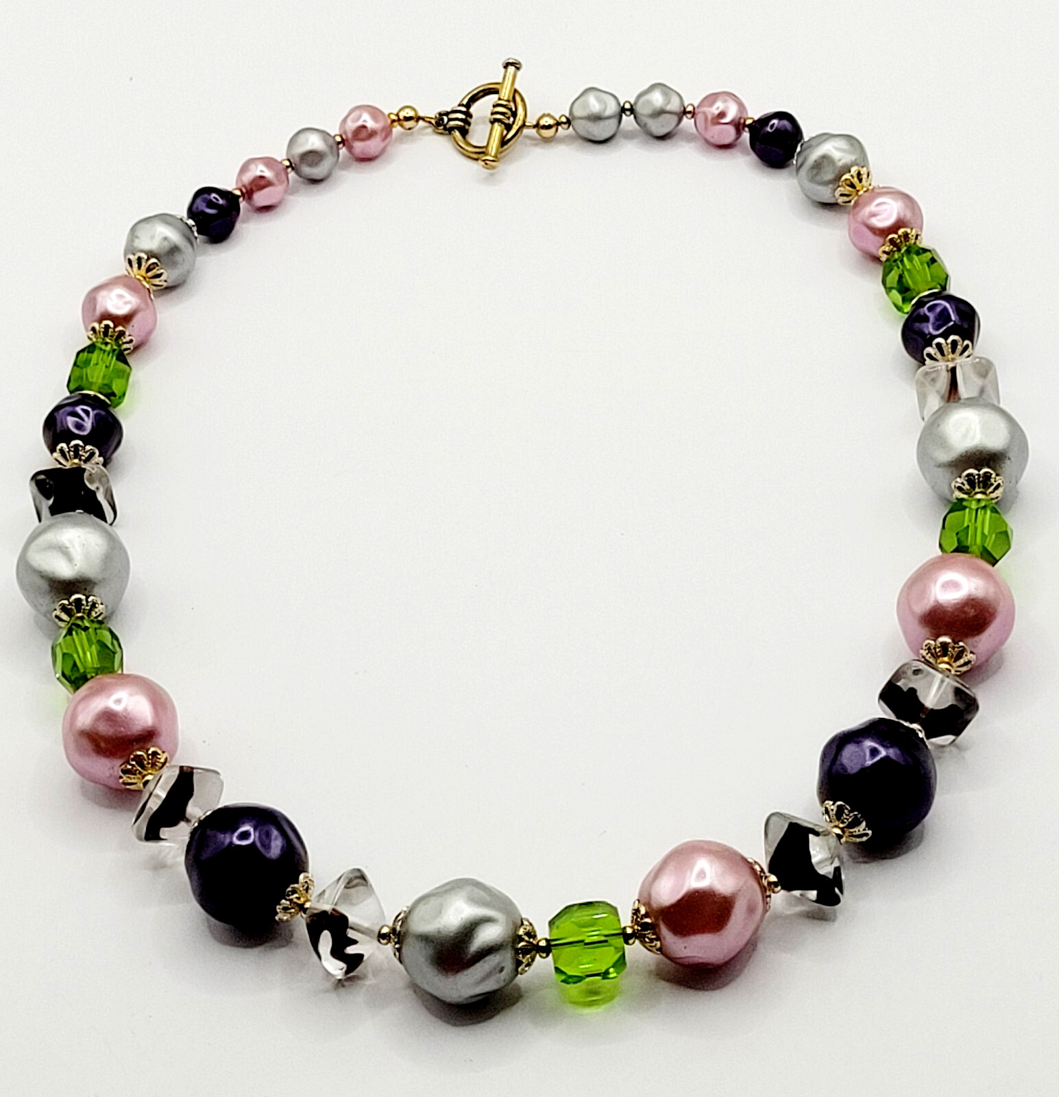 Colorful Glass & Faux Pearl Style Multi Color Shape Bead Vintage Necklace 21 In