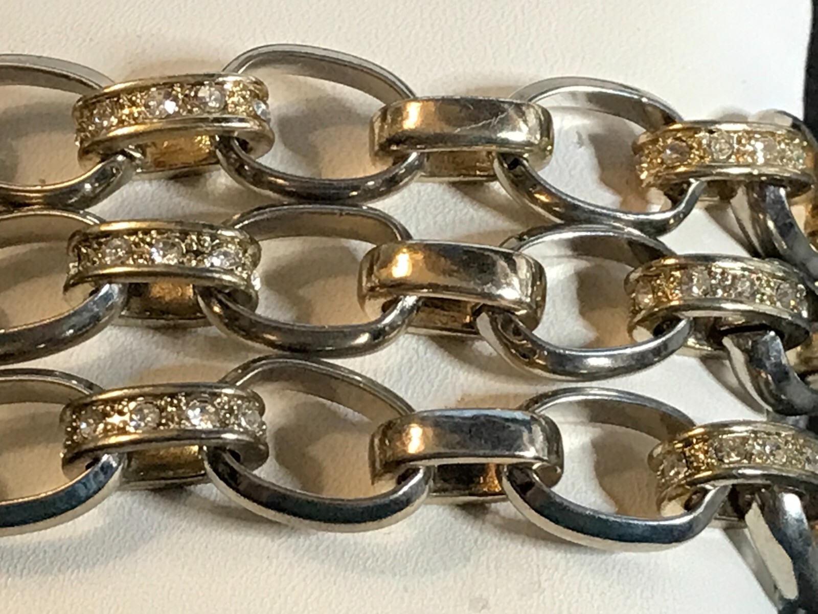 Vintage 2-Tone 3-Strand Bracelet w/ Rhinestone Links & Magnetic Clasp w/ Safety