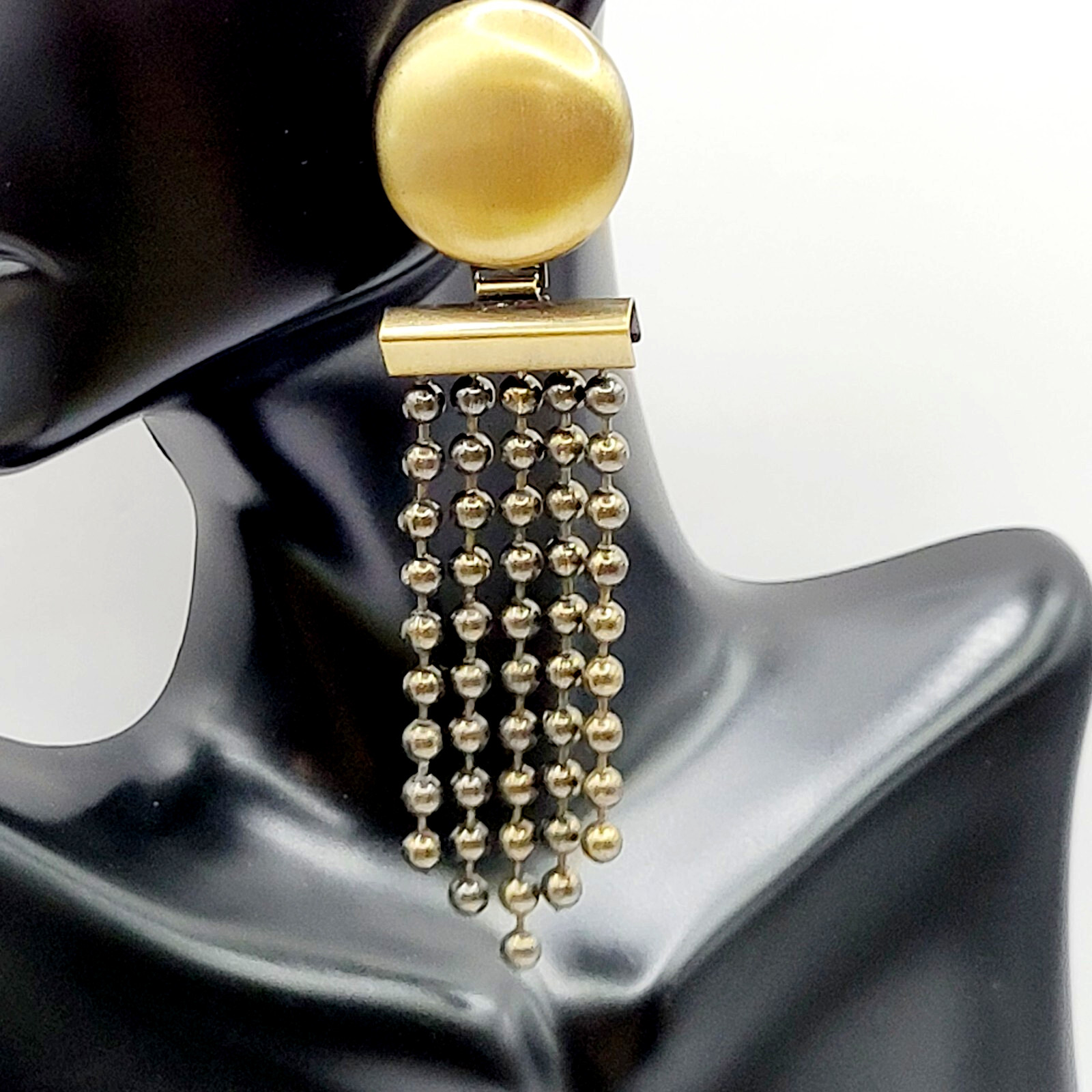 Ball & Chain Fringe Brutalist Runway Style Mixed Metal Tone Vtg Pierced Earrings