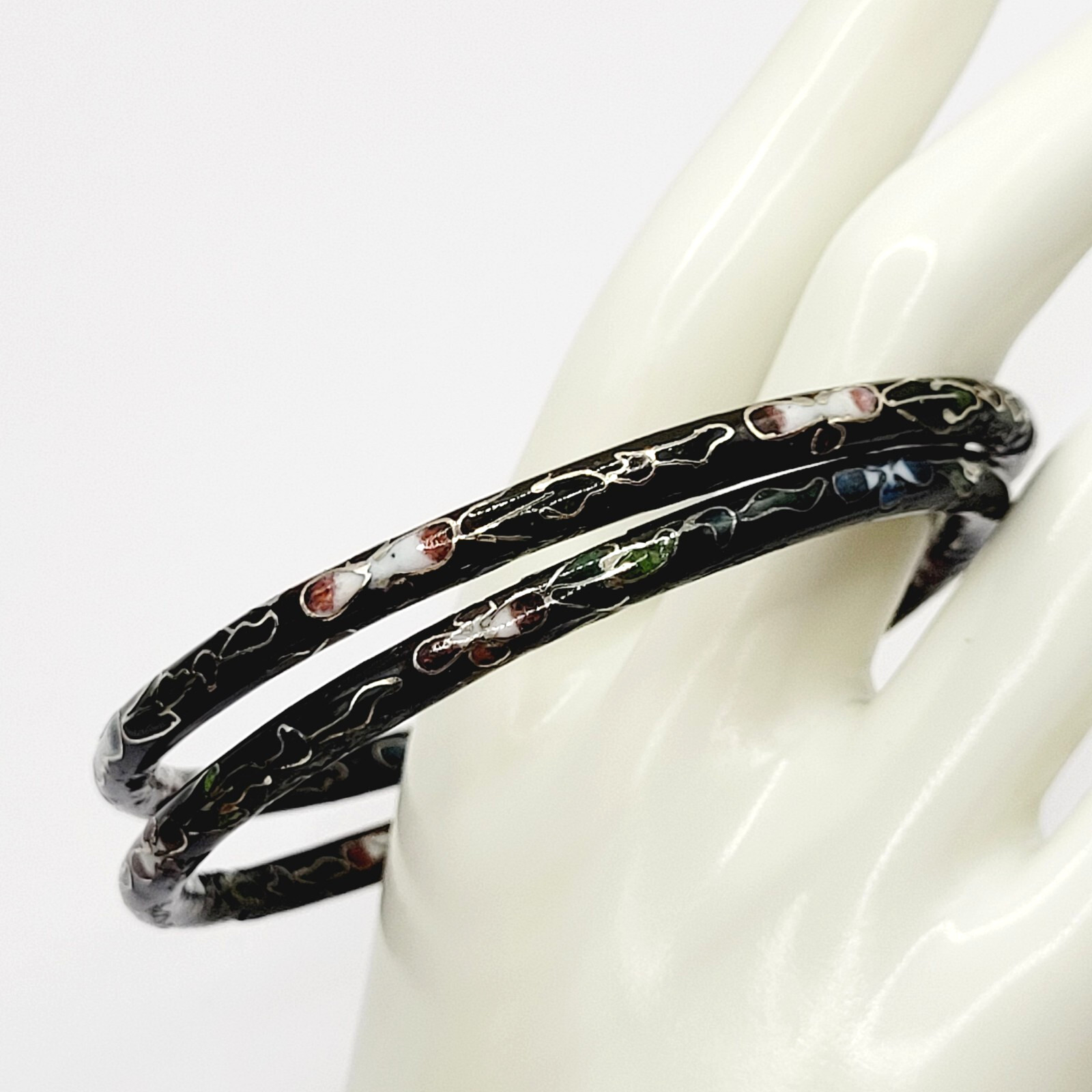 2 Cloisonné Asian Inspired Black Dark Shiny Floral Hand Painted Bangle Bracelet