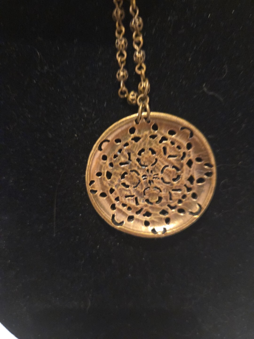 Vintage Bronze Tone bohemian-style Filigree Flat Disk Pendant Necklace