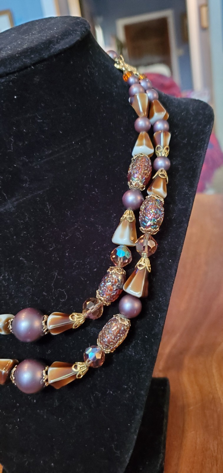 Vtg ART Arthur Pepper Double Strand Venetian Purple Crystal Gold Tone Necklace