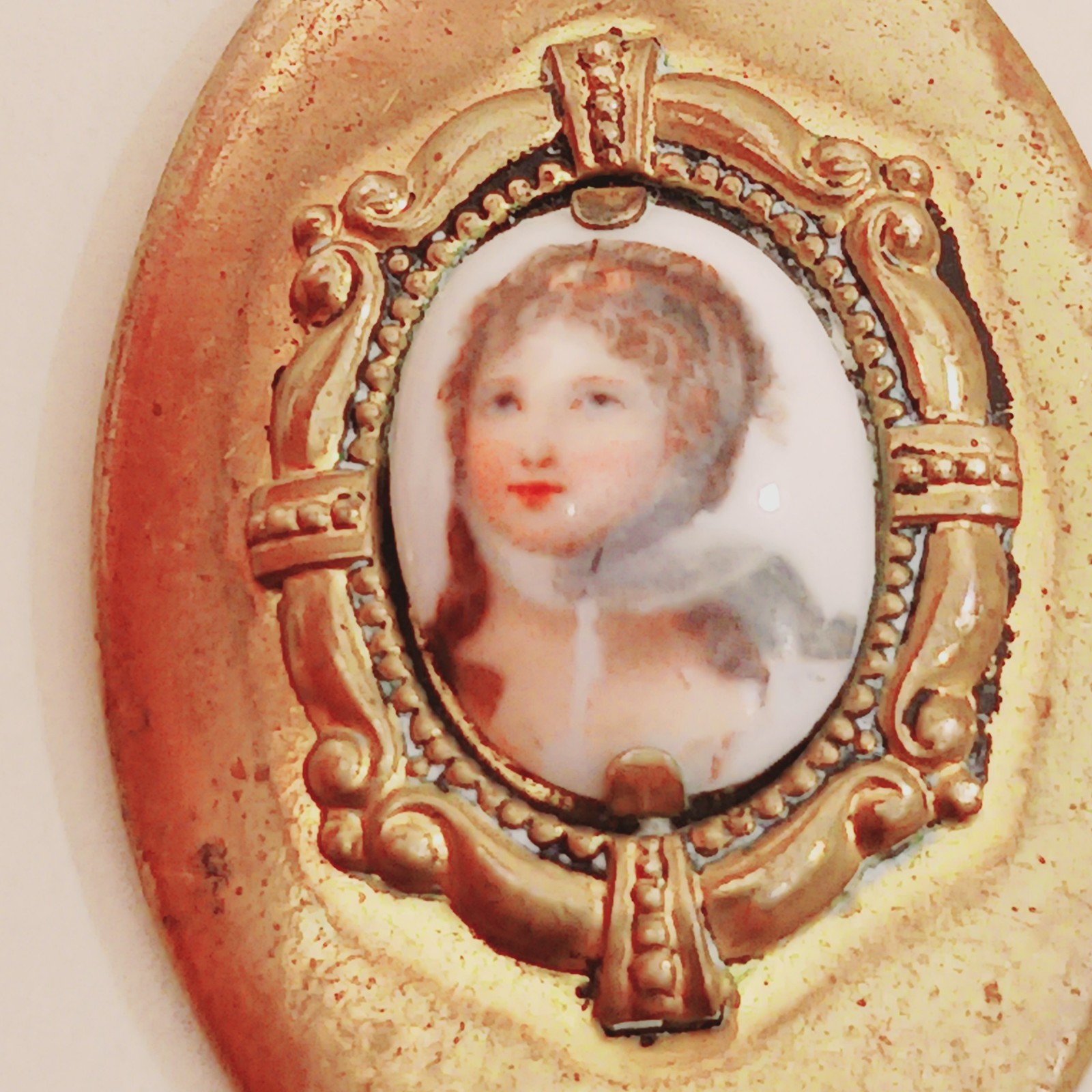 Antique Victorian Portrait Pendant Oval Gold Tone Jewelry Child Fine Art Estate