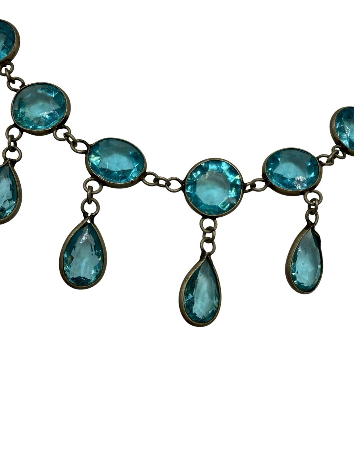 Antique Edwardian Deco Czech Festoon Drapes Faux Aquamarine Glass Necklace