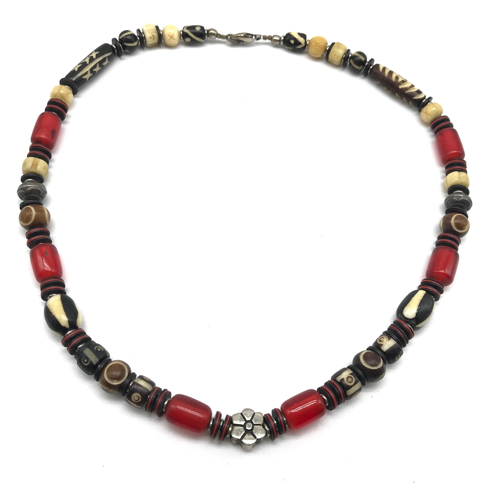 Vintage Unique Red Black Multicolor Boho Flower Beaded Ladies Necklace 19″