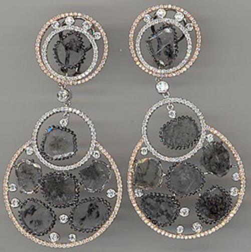 LARGE 9.64CT WHITE & SLICE DIAMOND 18KT 2 TONE GOLD FUN CLIP ON HANGING EARRINGS