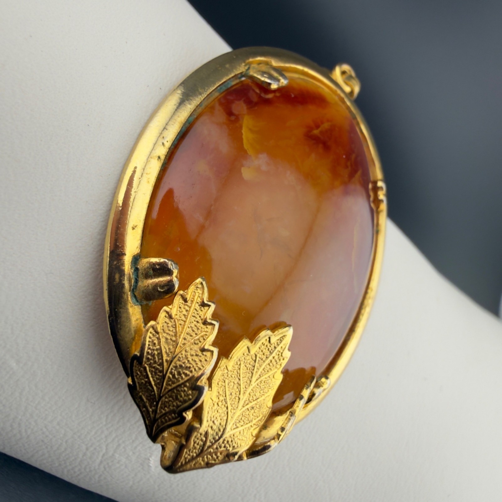 Vintage Glass Cabochon Pendant Necklace Set Orange Brown Beaded Gold Tone