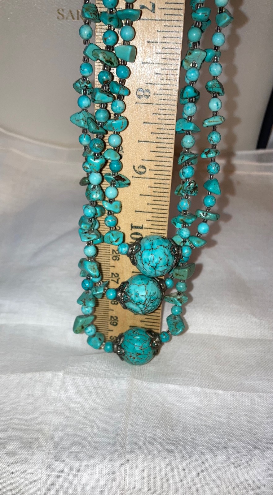 Layered Necklace Silver Tone Glass & Natural Howlite Stone Beads Vtg Multistrand
