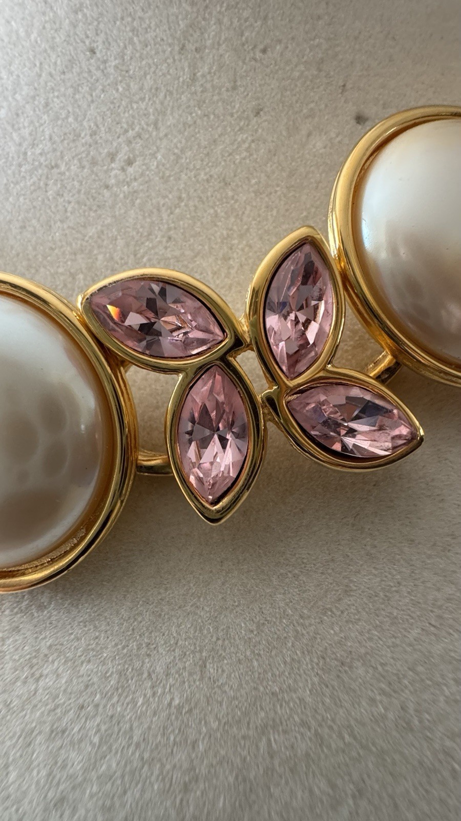 Vintage Monet Runway Necklace Faux Pearls Pink Crystal Gold Tone Statement