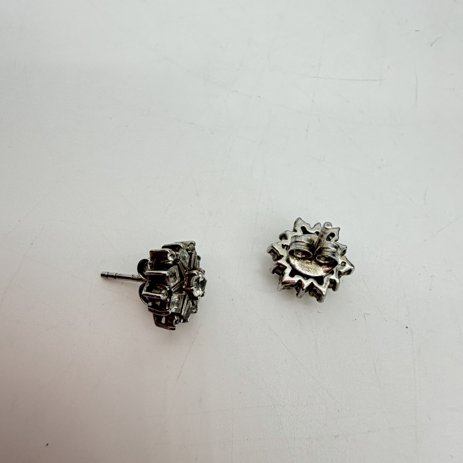 Vtg HSN Sterling Silver White Topaz Earrings Bezel Set Snowflake Starburst STS