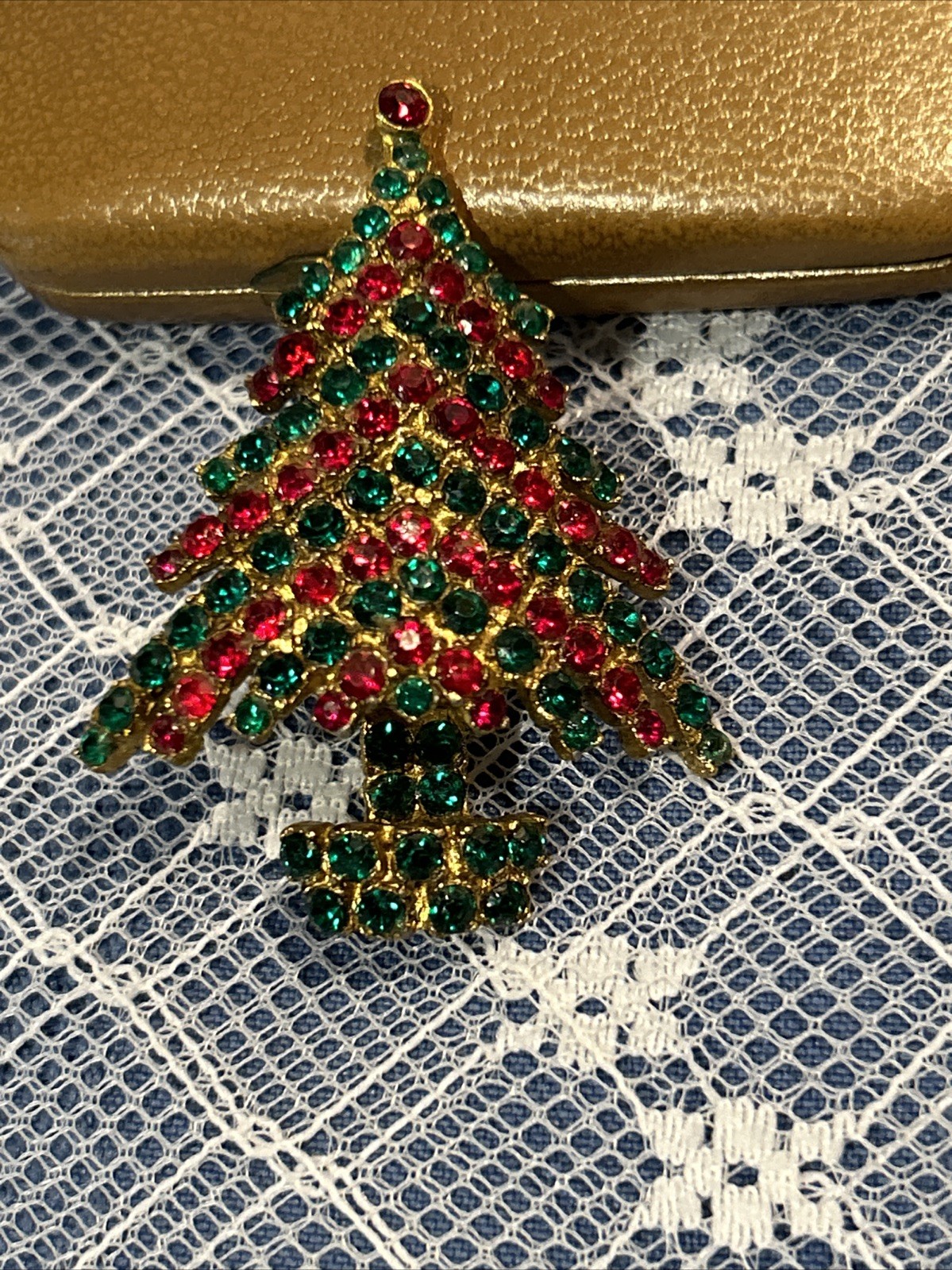 Vintage Gold Tone Red~Green Rhinestone Christmas Tree Pin~Brooch
