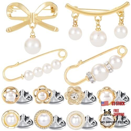 12pcs Pearl Junk Sock Charms Women Gold Rhinestone Bow Brooch Safety Pins