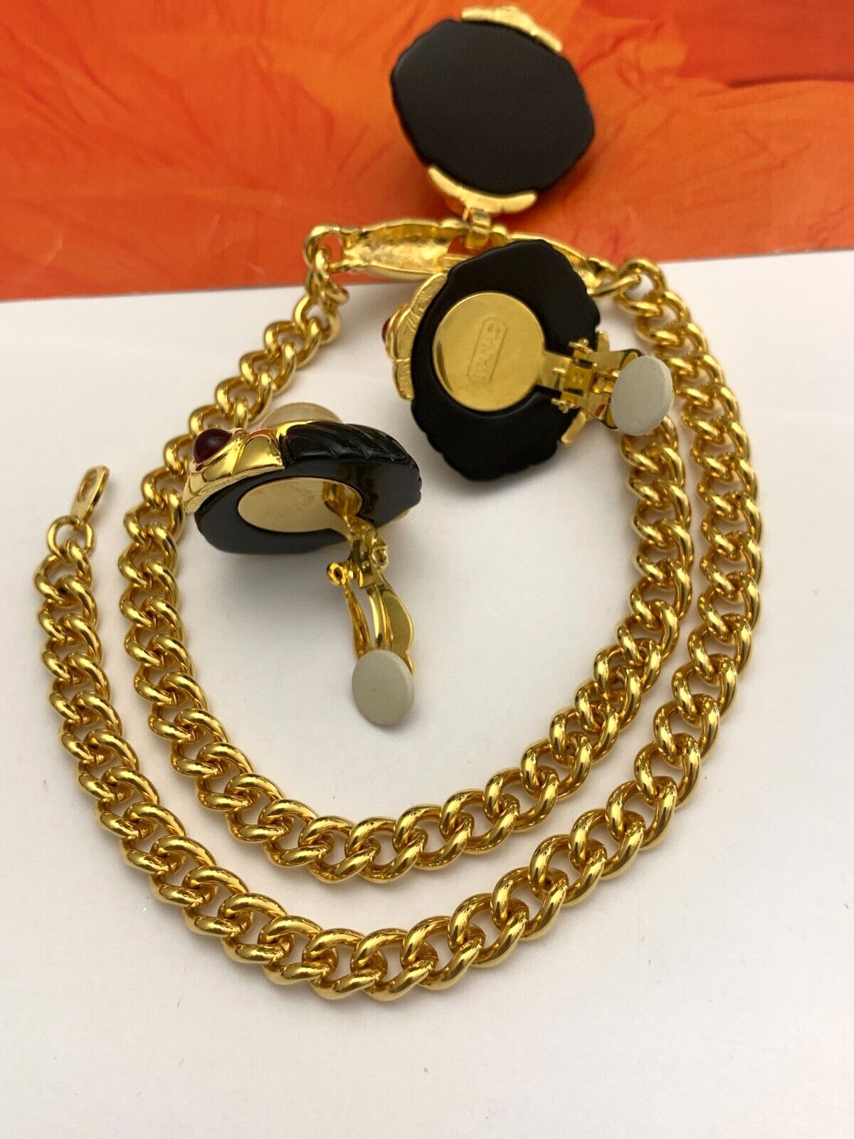 Vintage IVANA Trump Elegant Necklace & Earrings Set Rich Gold-Tone Red Cabochons