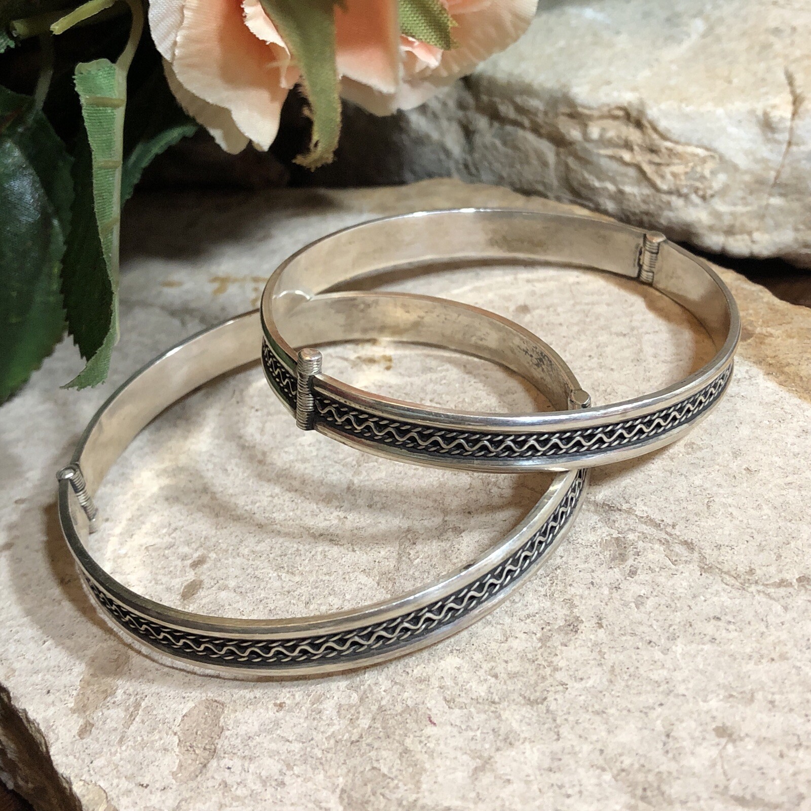 20. Vintage 925 Sterling Patterned Stick Pin Lock Bangle TWO Bracelets 7″-7 1 4″