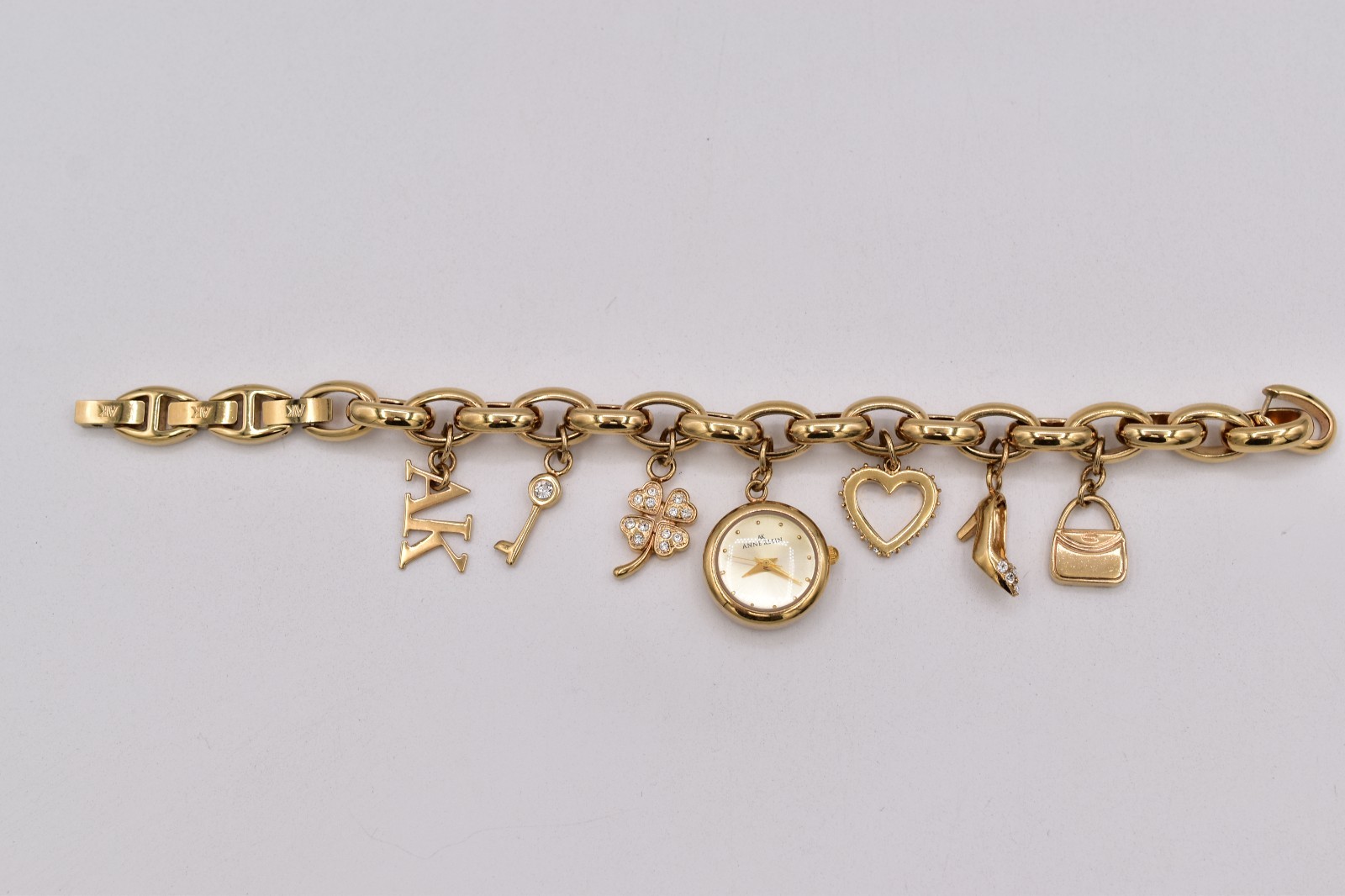 Anne Klein Gold Watch Charm Bracelet Heart Shoe Purse Clover AK Crystal BinAD