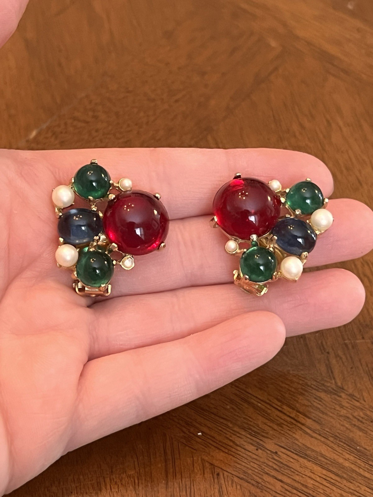 Vintage Moghul Multicolor Glass Cabochon Faux Pearl Stud Earrings Gold Tone Nice