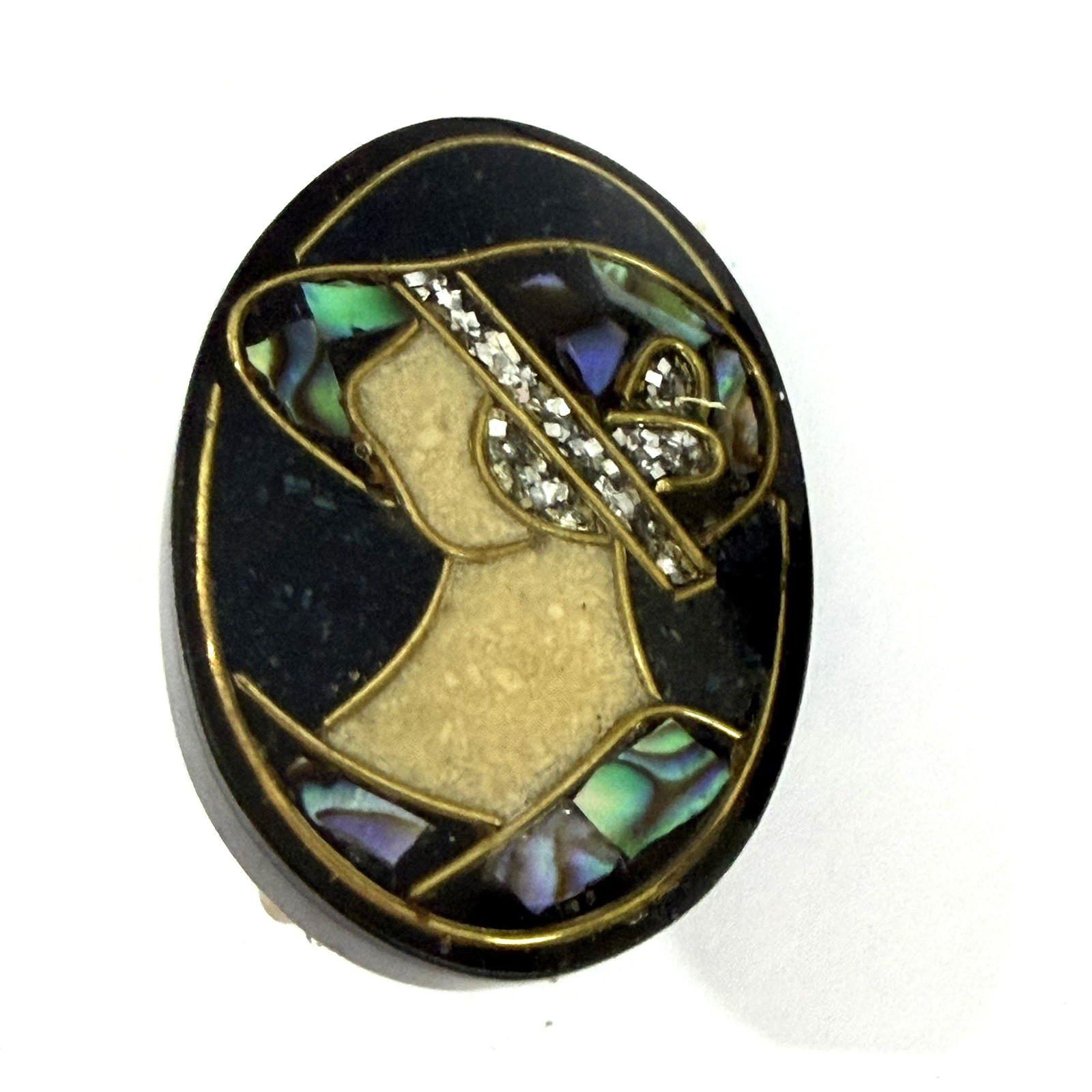 Vintage Paua Shell Brooch Earring Set Abalone Inlay Black Resin Art Deco Gatsby