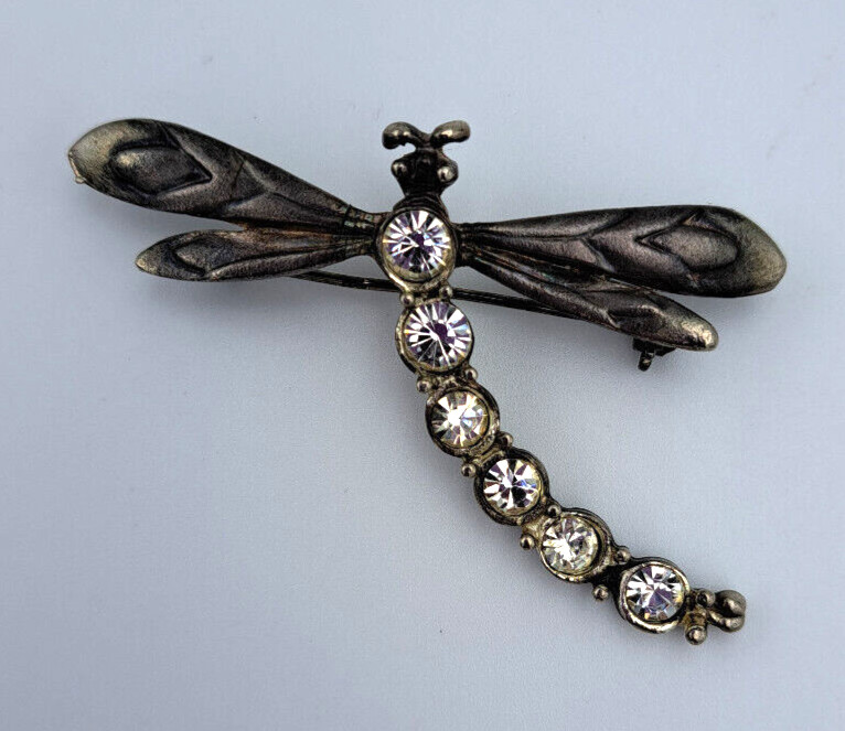 Vintage Dragonfly Brooch Pin Silver Metal Pewter Rhinestone Artisan Figural 3D