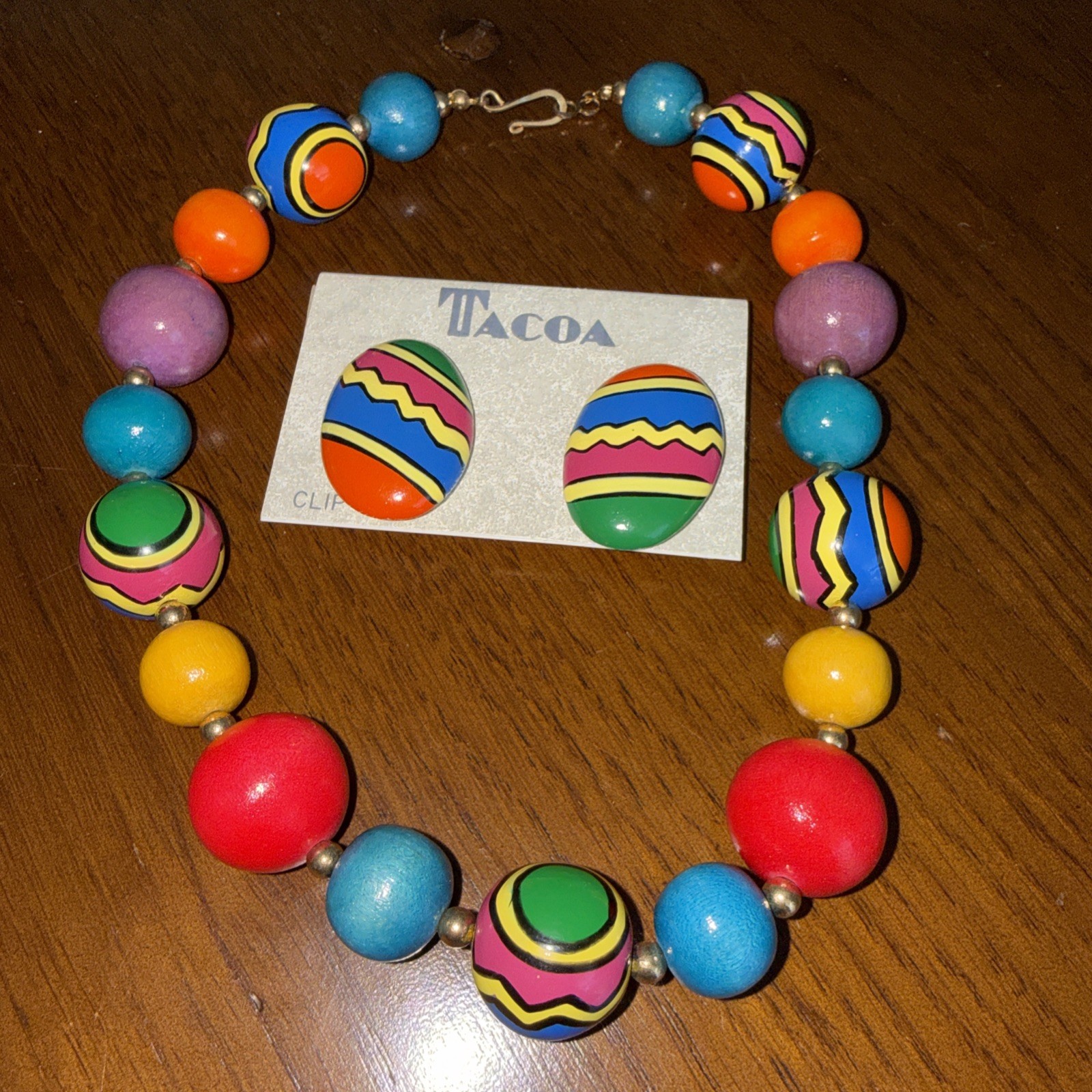 Vintage Tacoa 1908s Painted Beads In Geometric Design Necklace Earrings Set