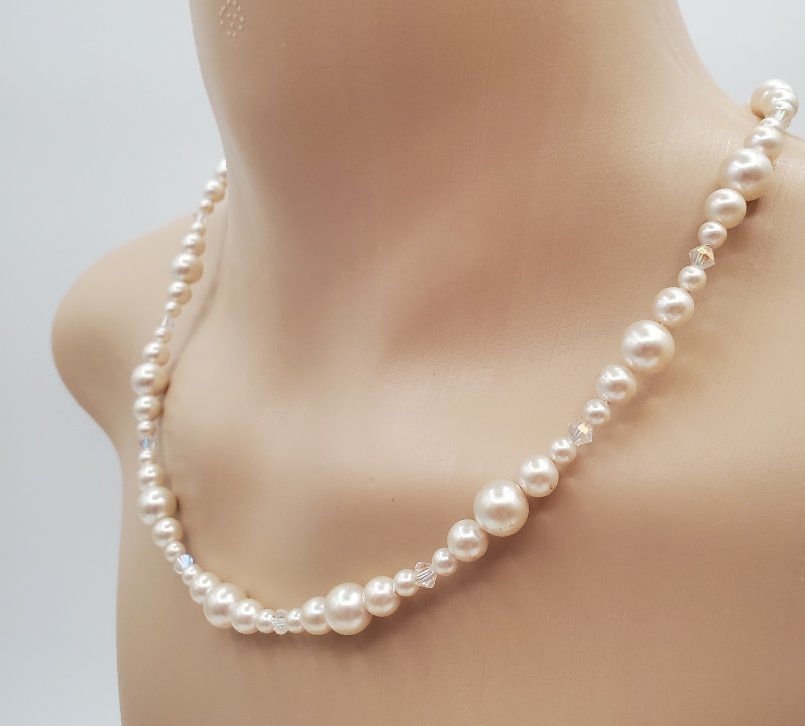 VTG 925 Faux Pearl Bicone Crystal Necklace 18in Sterling Silver 24gtw Estate