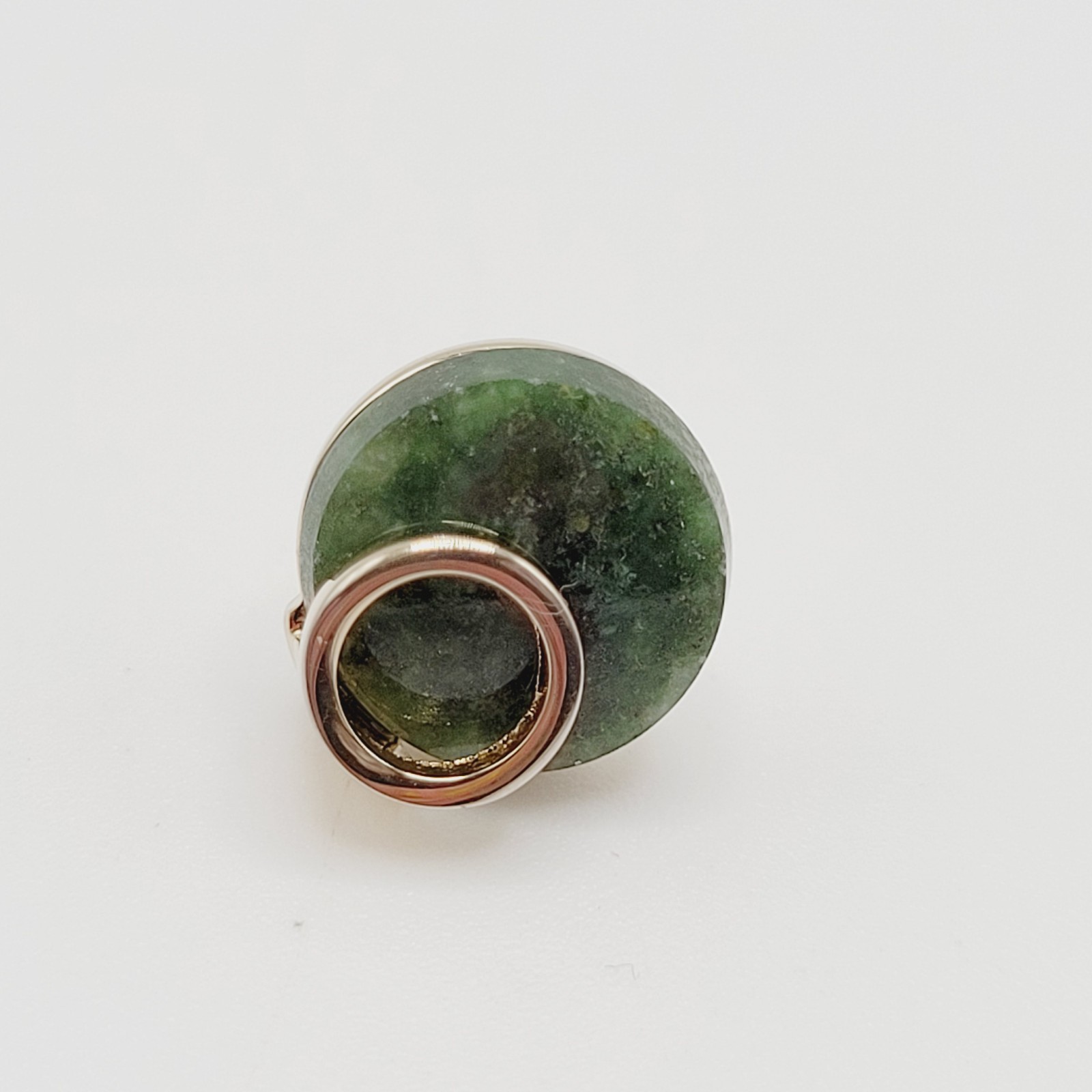 Modernist Style Dark Green Jadeite Stone Disc Open Circle Gold Tone Tie Tack Pin