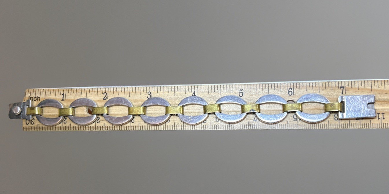 56. Taxco Sterling 925 Brass Accent Oval O Ring link Bracelet 34.3g, 7 1/2″ Mex