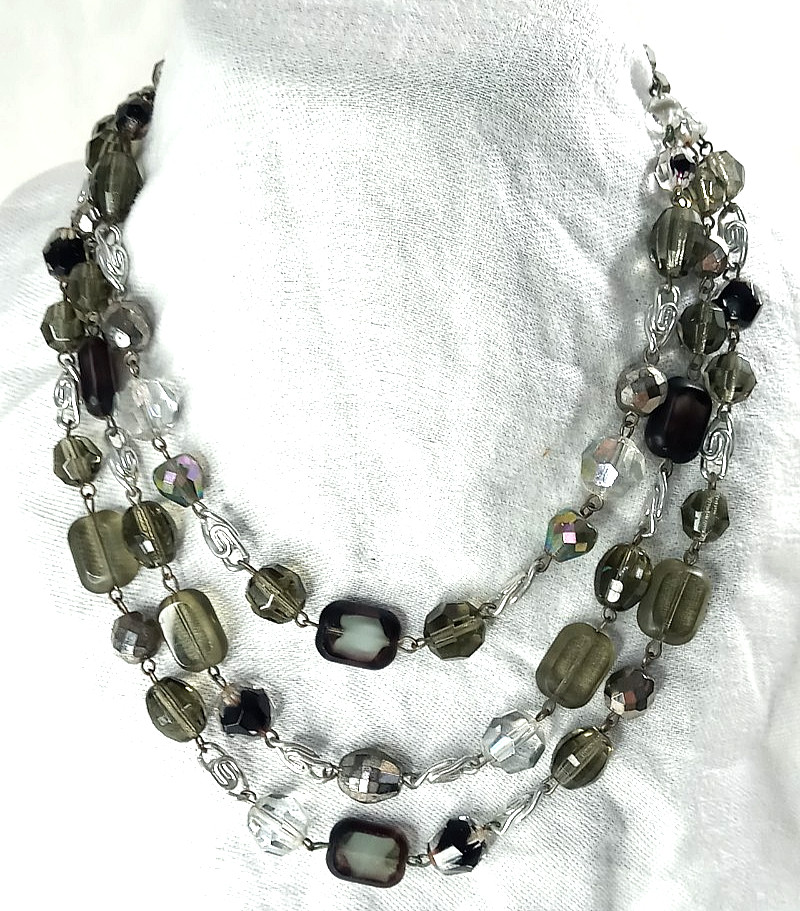 Vintage Smokey Green Beaded Bib Necklace 3 Strands Faceted Crystals W. Germany