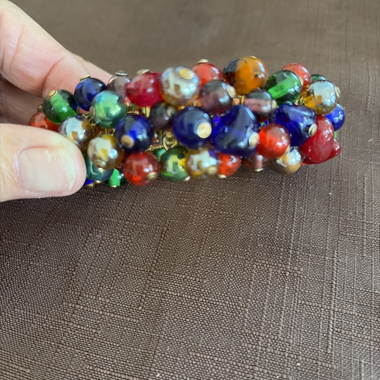 Vintage Multi-Color, Glass Bead Expansion Band Gold-Tone Bracelet