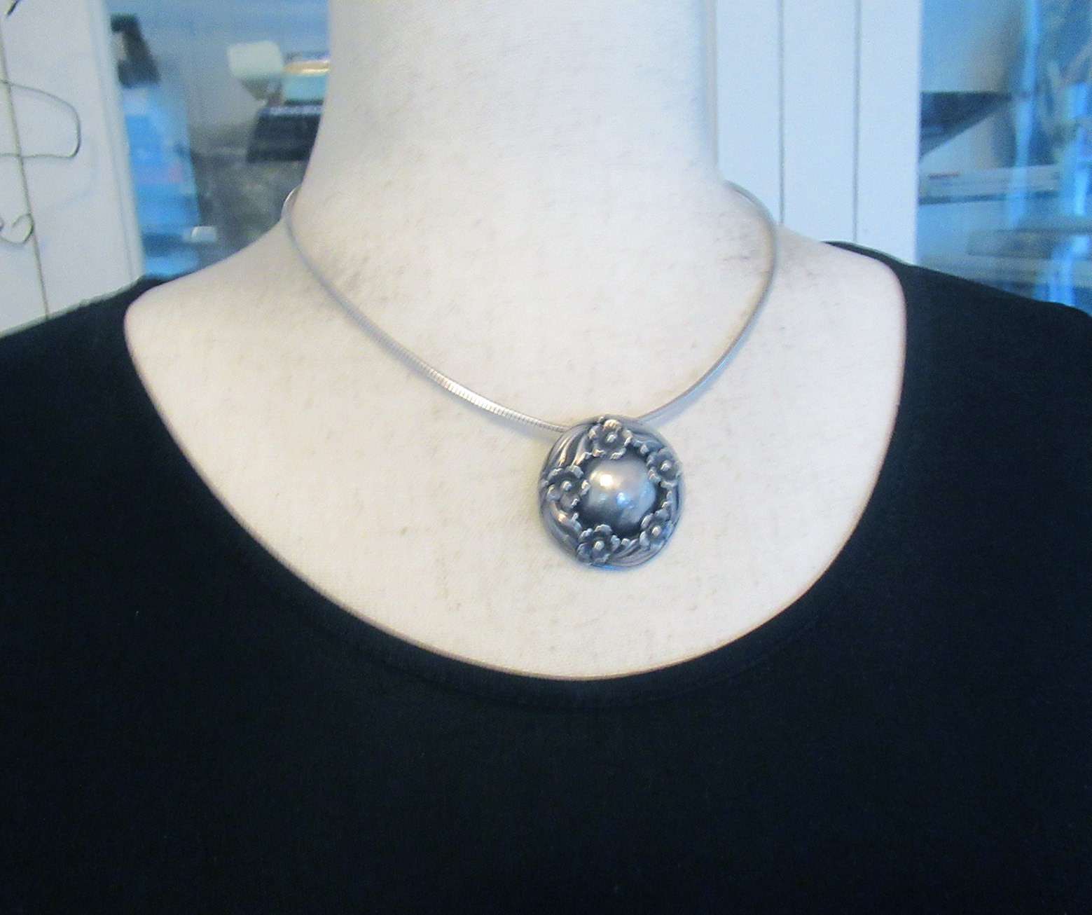 VINTAGE STERLING DENMARK N E FROM DENMARK NECKLACE PENDANT, 1 3/8 INCHES, 22 GRM