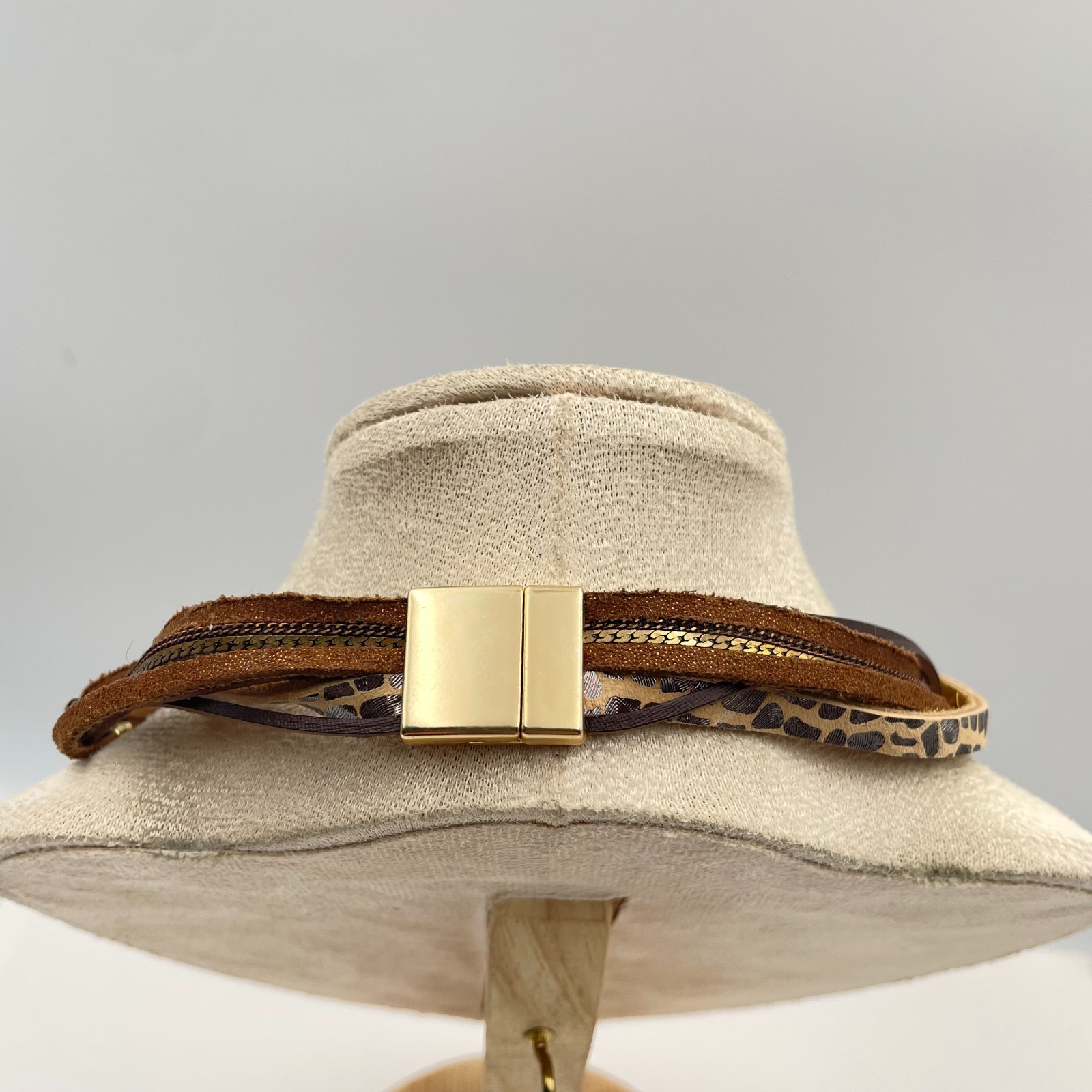Vintage Boho Leather Wrap Bracelet Multi Strand Animal Magnetic Clasp Gold Tone