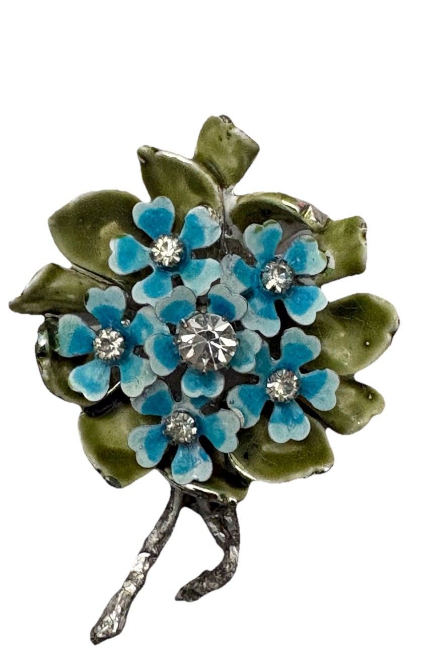 Vintage Coro Green Blue Enamel Rhinestone Flower Forget Me Not Pin Brooch Signed