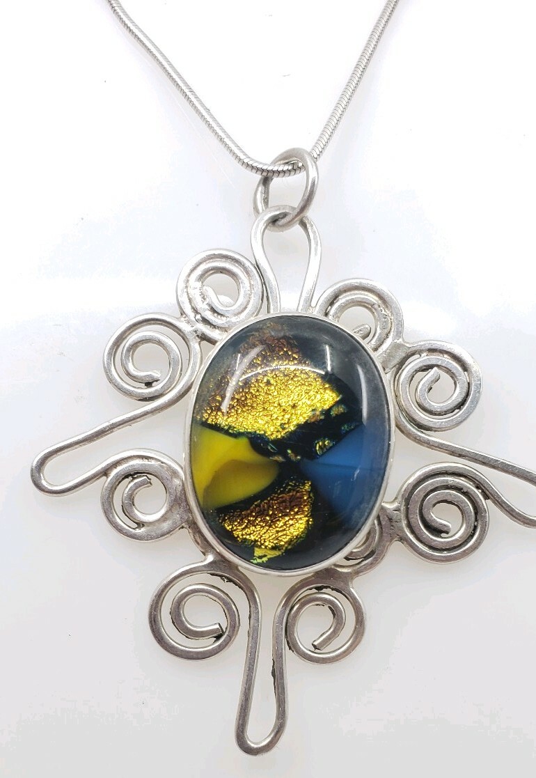 Fine Vintage Sterling Silver Foil Art Glass Abstract Modernist Necklace Murano?