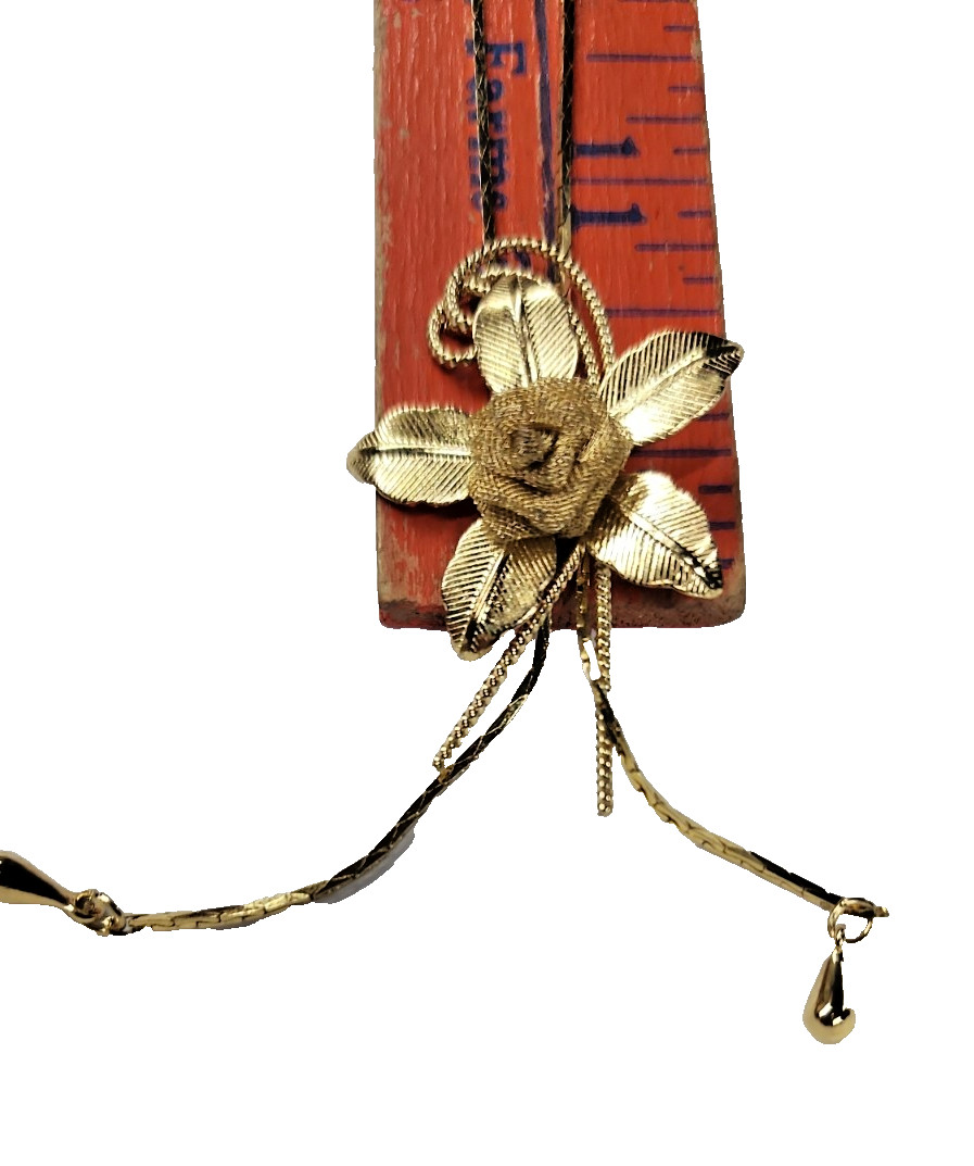 Gold Flower ~ Adjustable Female Necktie style Necklace ~ 26″ total~ Gold tone