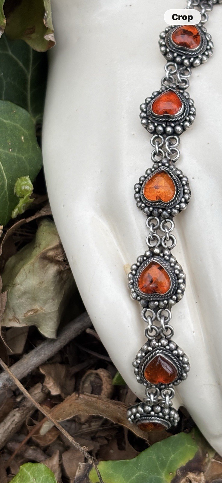 Amber Hearts & Sterling Silver Link Chain Vintage Bracelet 8 In HEAVY 23.5 G
