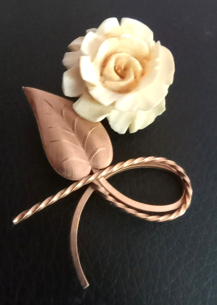 Bojar 12k GF carved rose brooch, signed, 2.5″