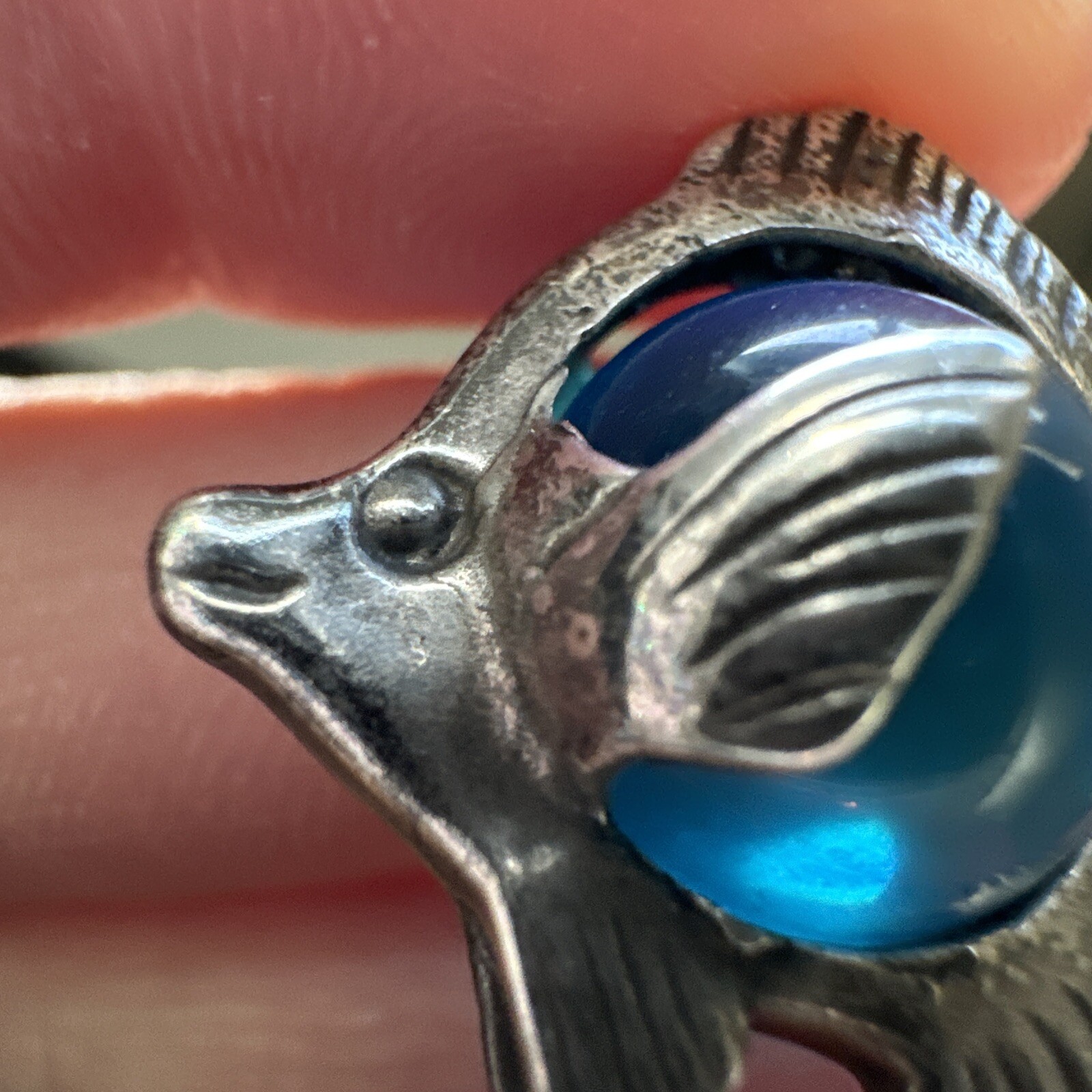 🐠Cute!! Blue Glass Vintage Angelfish Slide Pendant 925 Sterling Silver