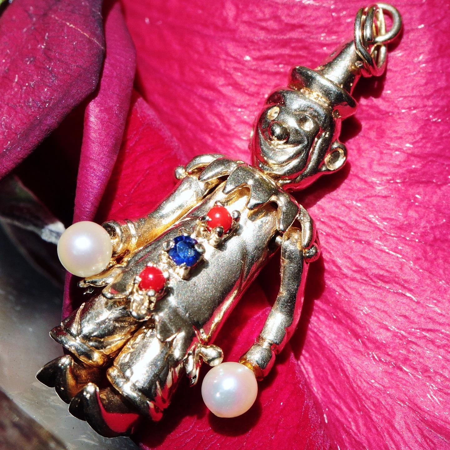 14k yellow gold 3.5mm cultured pearl sapphire 3D movable clown pendant heated 8g