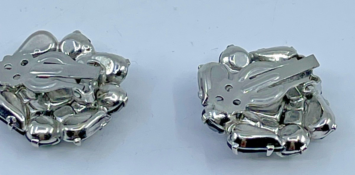 Vintage 60’S Black Clear Rhinestone Baguette Clip-On Earrings Faux Onyx