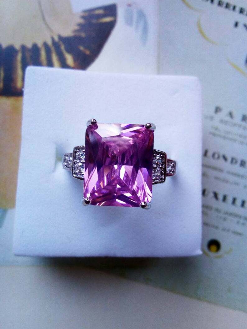 Stunning Art Deco Vintage Sterling Silver Radiant Square Rose Quartz 9.CT Ring