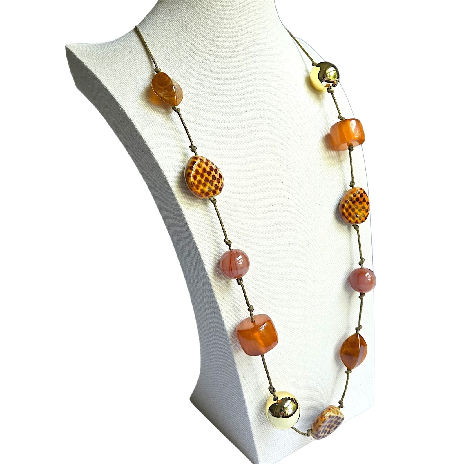 Chunky Earth Tone Ceramic & Marbled Acrylic Knotted Beads Long Necklace Boho 38″