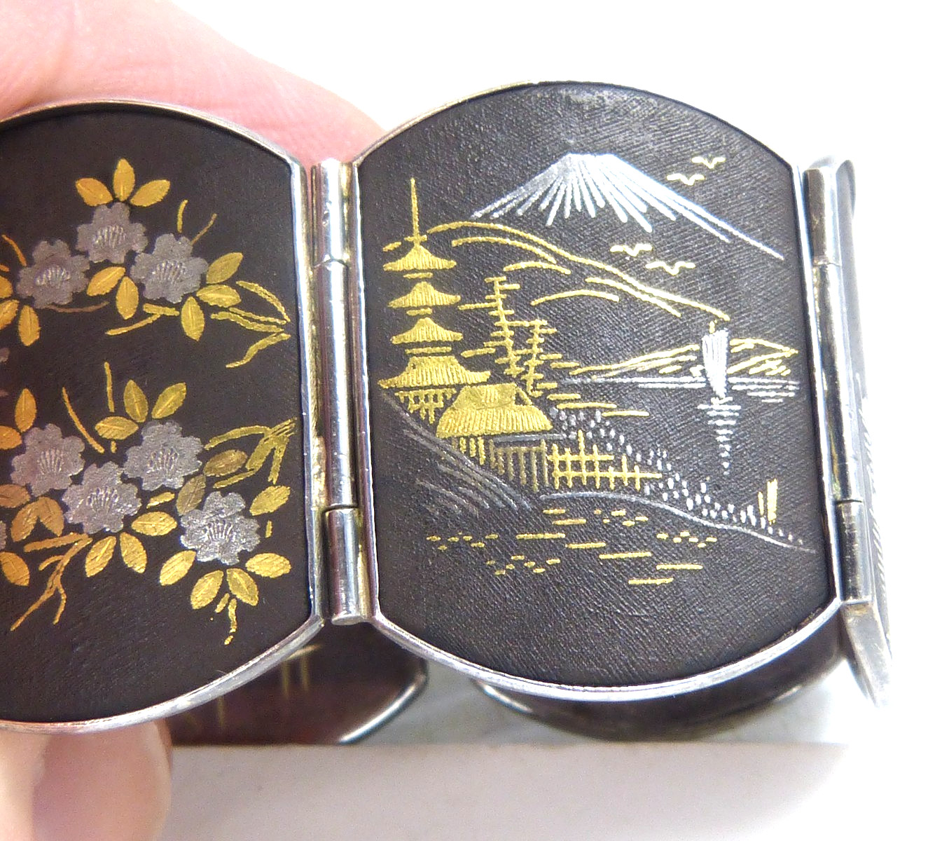 Large Antique Japanese Sterling Silver Bracelet W Mixed Metal Damascene Designs