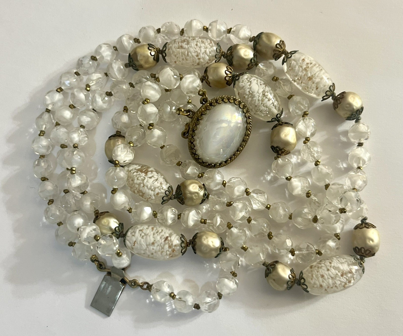 Vintage Foil Glass Necklace Murano Multistrand White Beaded Estate Jewelry Rare