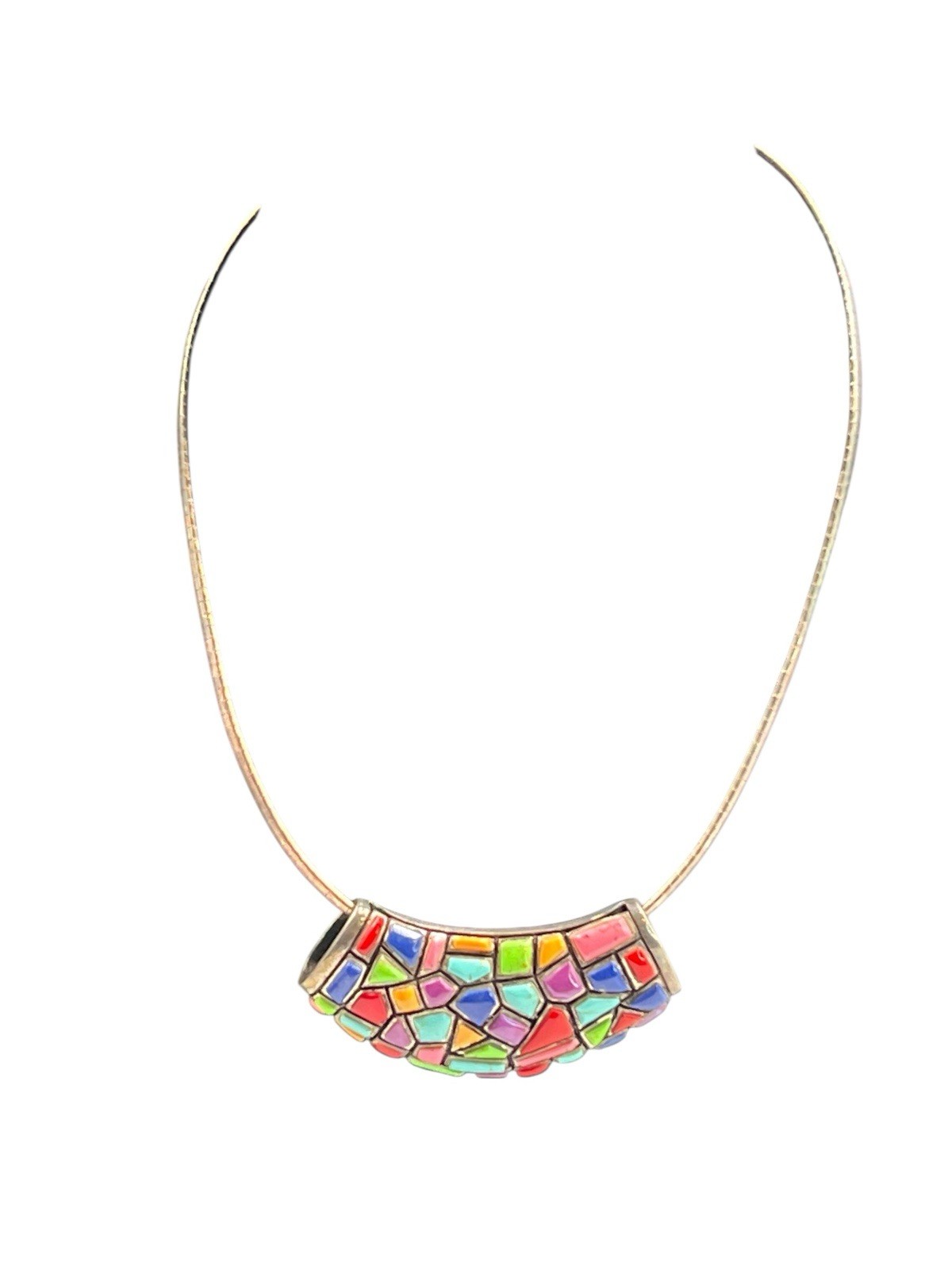Sterling Silver Mosaic Pendant Necklace Multicolor Inlay Vintage