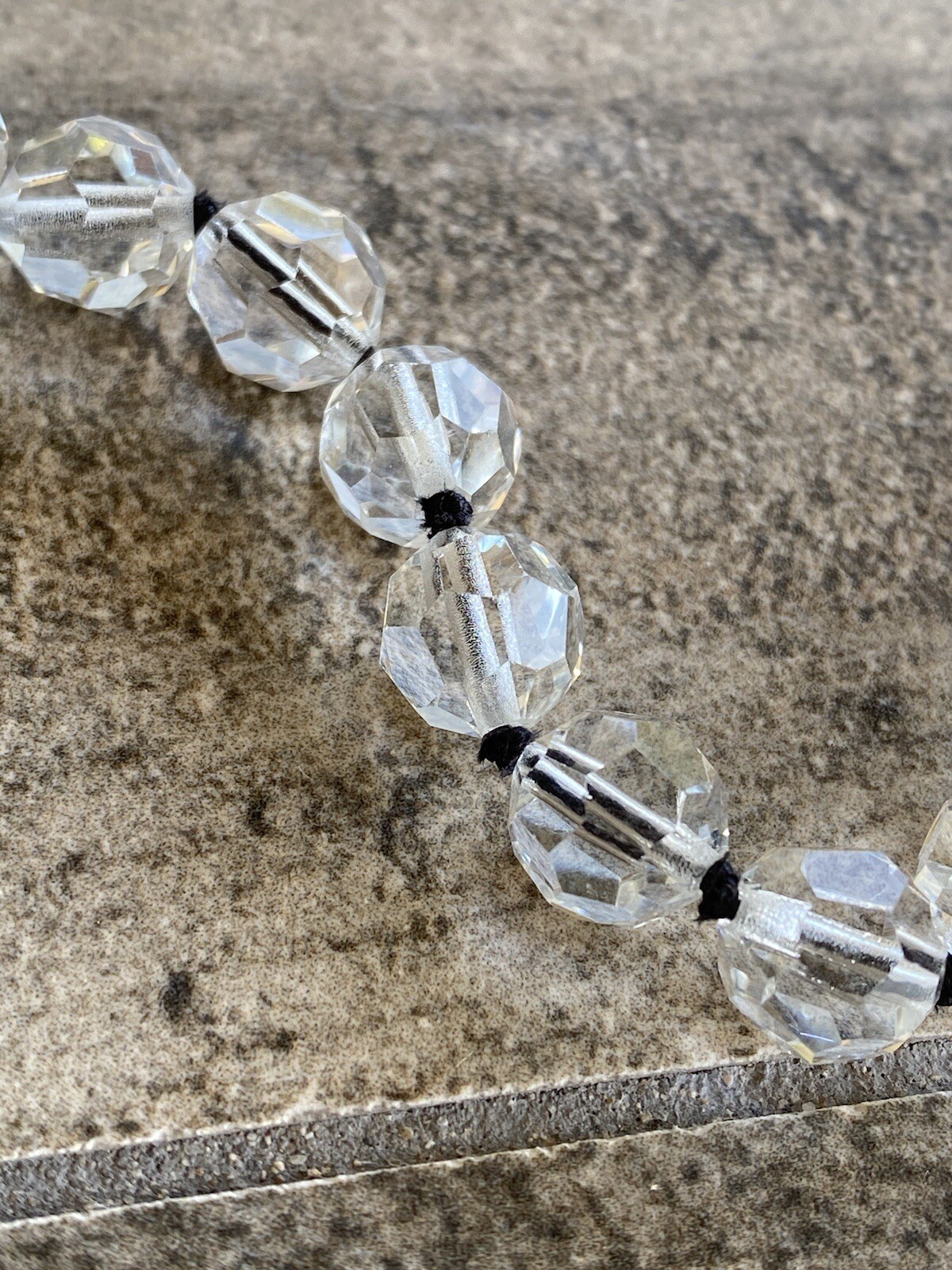 Necklace Faceted Crystal Glass Beads Clear Black Thread Knotted Artisan 21”