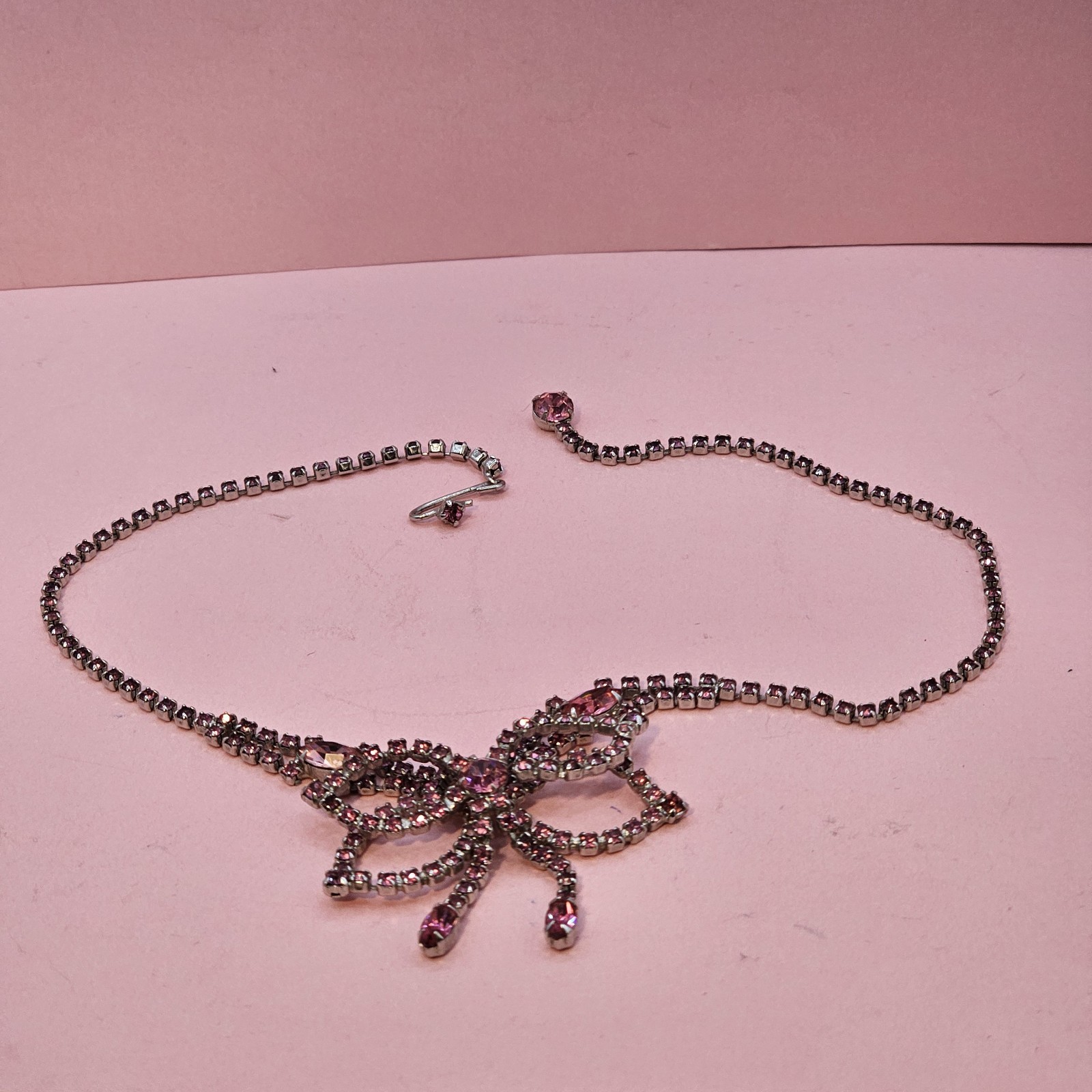 Vintage Pink Rhinestone Necklace Bow Statement Drop Bib Silvertone 1980s Prom