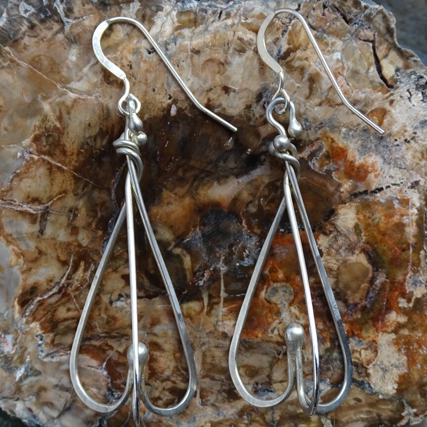 Vintage Modernist Pierced Drop Dangle Earrings Sterling Silver Wire Dimensional