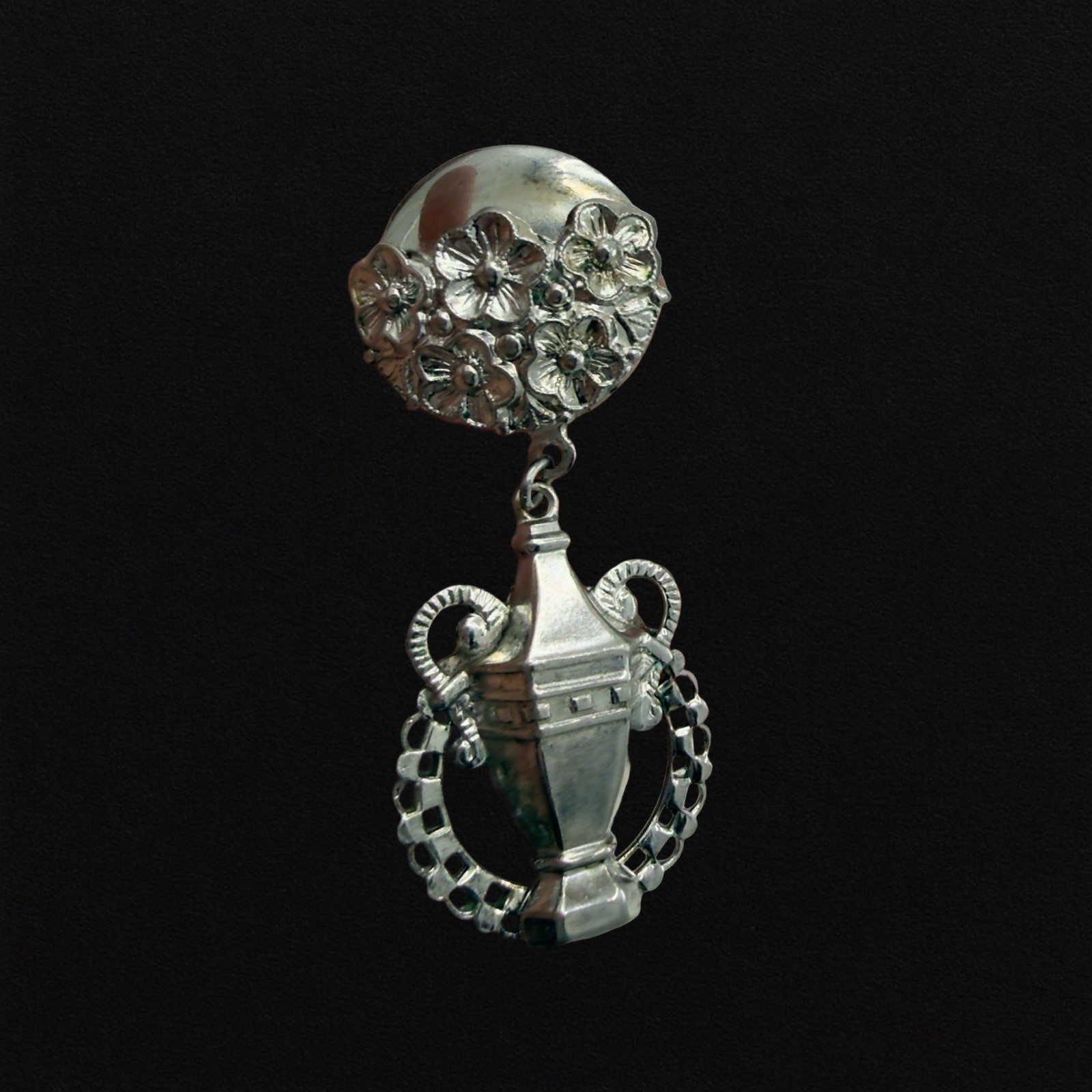 Vintage 🖤 EGYPTIAN REVIVAL 🖤 Silver Floral URN GREEK GODDESS Dangle Earrings