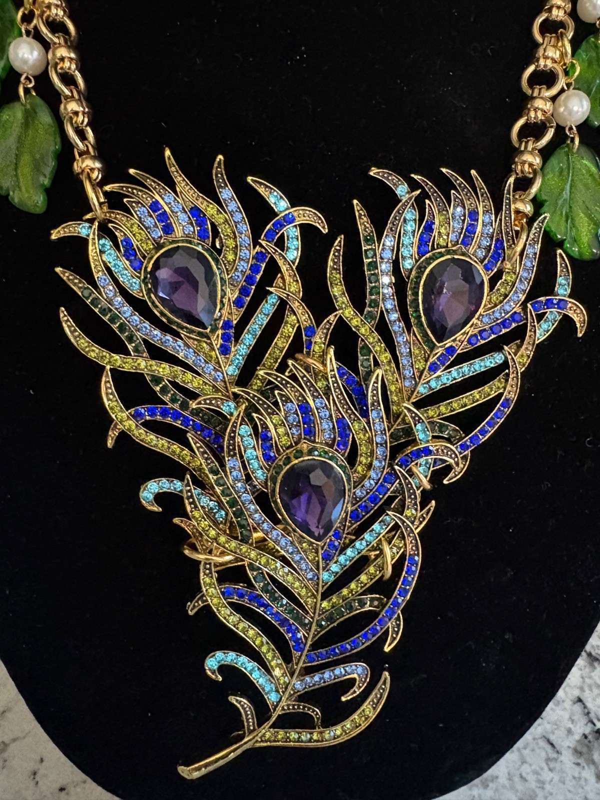 Triple Rhinestone Peacock Feather Statement Necklace-Repurposed & 1 of a Kind!